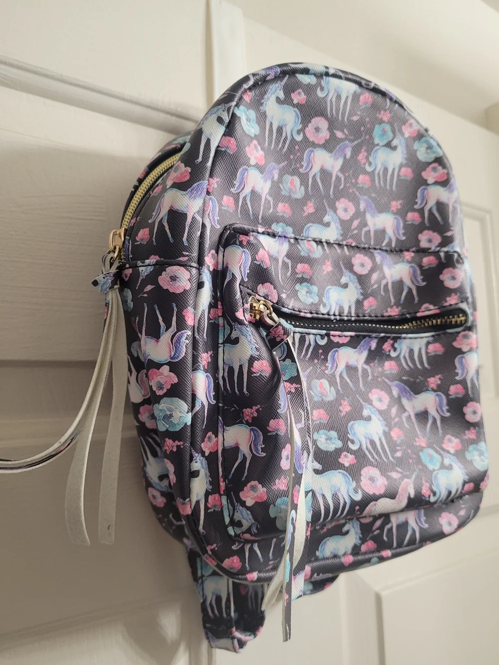 Kids Unicorn Print Mini Backpack - Black with Pastel Unicorns